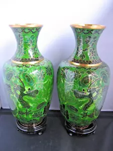 Pair vintage Chinese hand made copper cloisonné enamel vases & stands NEW - Bild 1 von 15
