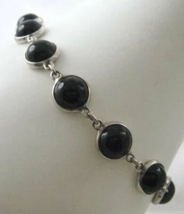PRETTY ESTATE ONYX CABOCHON STERLING SILVER BRACELET, 7 & 1/2" long - Picture 1 of 12