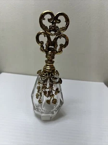 Vintage Perfume Bottle w/ Dauber, Brass Overlay Flowers & Leaves, 6 7/8" - Bild 1 von 4