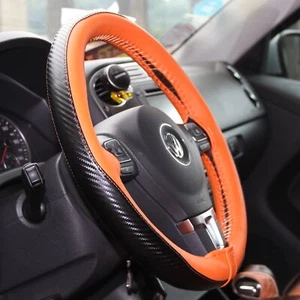 Stitch On Style Steering Wheel Skin Wrap Cover Orange & Carbon Fiber Perfect Fit - Picture 1 of 6