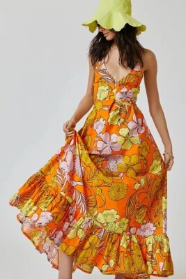 Anthropologie Tracy Reece Plenty Floral Maxi Dress XS V-Neck orange retro print - Image 1 of 4