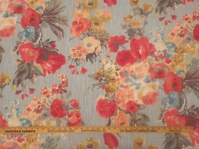 P Kaufmann GARDEN ODYSSEY FOG Red Blue Watercolor Floral Drapery Uph Fabric - Image 1 of 4