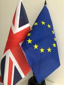 UNION JACK AND EUROPEAN UNION TABLE FLAG TWIN SET 9X6" 22.5cm x 15cm - Picture 1 of 1