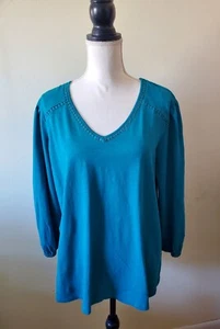St John's Bay Women's Plus 2X Top 100% Cotton V-Neck 3/4 Sleeve Pullover Teal - Picture 1 of 10