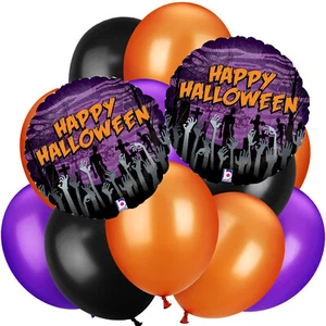 12 pc Bundle Happy Halloween Foil Zombie Bouquet Balloon Orange/Black/Purple NEW - Picture 1 of 3