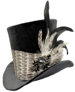 Tall Top Hat Dark Grey Jeweled Feathered Steampunk Dapper Wedding Topper M - Picture 1 of 6