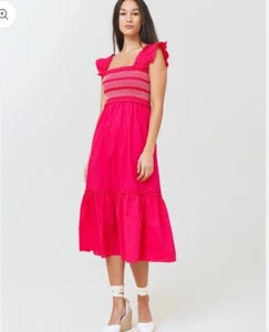 BB DAKOTA Au Natural Dress Hot Pink / Bright Rose Smocked Flowy Size Large New - Picture 1 of 7