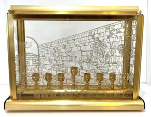 Judaica Gold Brass Glass Enclosed Hanukkah Menorah Judaism Jewish Hebrew Israel - Picture 1 of 21