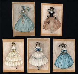 5x Victorian Lady Fashion Studies - Small Watercolour Paintings - 19th Century - Picture 1 of 7