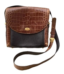 Bally Handbag Black Leather Brown Croc Embossed Crossbody Shoulder Bag Vintage - Picture 1 of 12