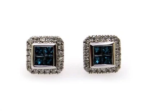 14k White Gold .44ct Round Princess Fancy Blue White Diamond Halo Stud Earrings - Picture 1 of 6