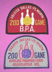 2 VINTAGE PATCHES ""200 SPIEL"" GRÖSSERER DALLAS-FT.WORTH BPA/BOWLING-REQUISITE.  ASSOC. - Bild 1 von 3