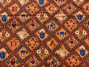 Baumwollstoff orange Blätter Ranken Herzen ABC Alphabet Blumen Vogel Vase Lehrer - Bild 1 von 6