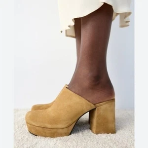 ZARA Split Suede Heeled Clog in Camel Tan Size 40 US 9.5 - Picture 1 of 11