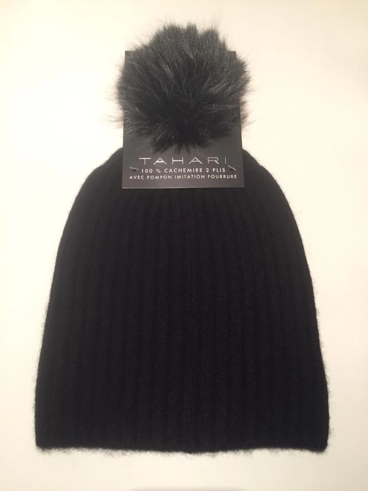 NUEVO CON ETIQUETAS MARCA TAHARI 100% CACHEMIR COLOR NEGRO SOMBRERO CON POMPÓN TALLA ÚNICA Foto 1 de 1