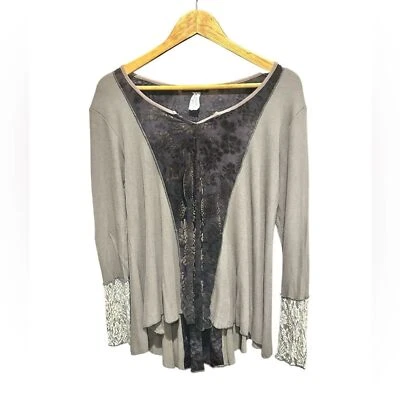Surrealist USA Boho Top Womens Size 1 Small Velvet Burnout Waffle Knit Lace Tan - Image 1 of 4