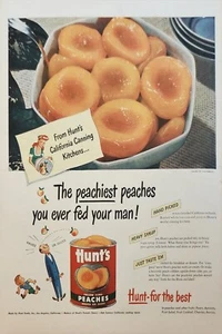 1947 Hunts amarillo melocotones adhesivos anuncio vintage cocina enlatada California - Imagen 1 de 1