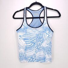 Woman Blue and White Swirl Pattern  Athletics Tank with Bra Elastic Band