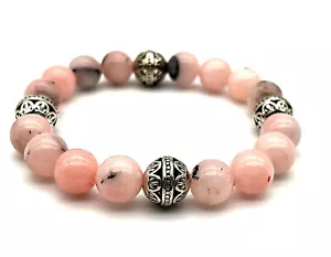 Handmade 10mm Peruvian Pink Opal Gemstone & .925 Silver Bead Bracelet - Picture 1 of 4
