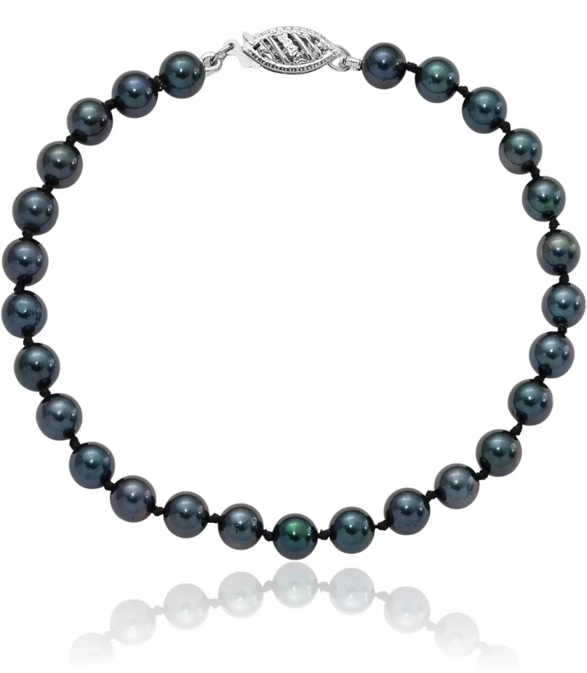 Cadena de perlas cultivadas de agua salada redonda negra de 5 mm de oro blanco macizo de 14K... Foto 1 de 4