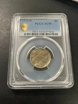 1914 D BUFFALO NICKEL PCGS AU-55 - ABOUT UNCIRCULATED - BETTER DATE - SLAB - 5C - Image 1 of 2