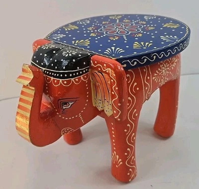 Hand Painted Elephant Stool, Decorative Stools Wooden Elephant - Image 1 of 4