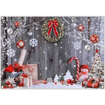  Fabric 7x5ft Christmas Photography Backdrop Winter Rustic Wood 7'x5' Red - Image 1 of 4