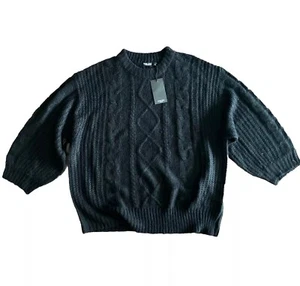 Brave Soul London Women Slouchy CableKnit Balloon Sleeve Cozy Sweater Black XL - Picture 1 of 12