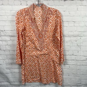Barbara Gerwit V Neck Tunic Beaded Sequins Orange Geometric Print Size Small - Picture 1 of 8