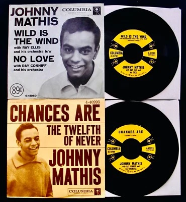 JOHNNY MATHIS ✦ 2 Near Mint Picture Sleeves & 45's~COLUMBIA~Chances Are~Soul~Pop - Image 1 of 3