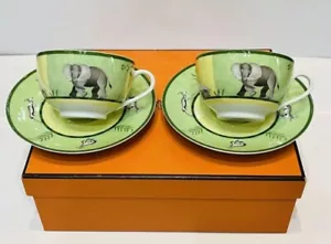 Hermes Africa Tea Cup Saucer Green Tableware 2 set Coffee Cafe Ornament Auth New - Picture 1 of 8