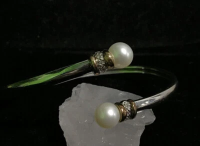 EUC 925/14KT GOLD FLEXIBLE BYPASS CUFF BRACELET W/MOISSANITE STONES & PEARLS - Image 1 of 4