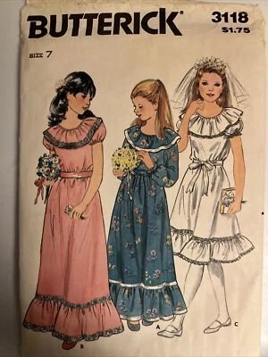 70s Butterick 3118 Girls 7 Communion & Flower Dress Pattern Ruffle Neck Maxi Tea - Image 1 of 4
