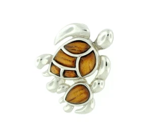 925 Sterling Silver Natural Hawaiian Koa Wood Pendant - Turtle Mother and Baby - Picture 1 of 1
