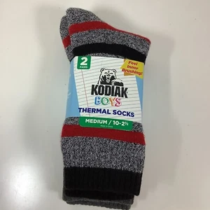 Kodiak Boys Gray/Red/Black Stripe Medium 10-2 1/2 Thermal Socks 2 pair pack - Picture 1 of 2