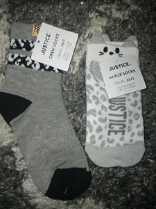 2 Justice socks new size xs/s glitter kitty ankle & leopard crew - Picture 1 of 1