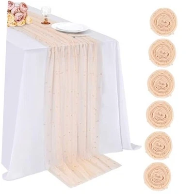  6 Pieces Pearl Tulle Table Runner: 10ft Tulle 6 Pcs 29x120 Inches Champagne - Image 1 of 4