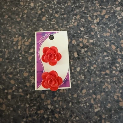 Vintage Le Bouton Red Rose Buttons Set of 2 – 1” (25mm) Shiny Flower - Image 1 of 3