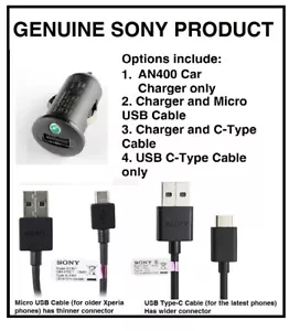 Genuine Sony AN400 1.2A Car Charger & USB Cable for Sony Xperia Mobile Phones - Picture 1 of 15