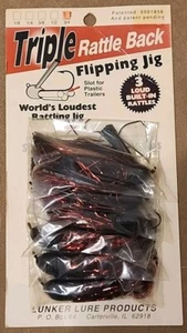 6 Lunker Lure Rattle Back Flippin Jigs 3/4 oz. Black Red with Flash Card - Picture 1 of 4
