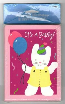 Invitaciones de Fiesta de Cumpleaños Gatito Blanco Vintage, Globos Rosa Juvenil 8 Ct  Foto 1 de 2