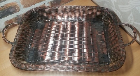 Large Rectangular Woven Metal Bead/Fruit Basket Tray with Handles, Copper&Black Cover