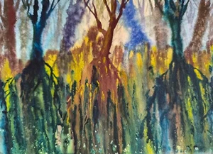 Original Painting Artwork Modern Landscape FANTASY FOREST Seascape Arts Gift A5 - Picture 1 of 9
