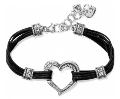 Brighton Heritage Heart Silver Black Cotton Cord Strands Bracelet Jewelry New - Image 1 of 4