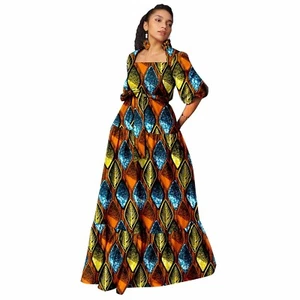 Vestido africano para mujer estampado de cera cuello cuadrado vestido con pendiente 2525001 - Imagen 1 de 15