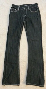 Cacheđź’—Black Thick Silver Thread Black Rhinestone Boot Cut Stretch Jeanđź’—Sz 0 - Picture 1 of 10