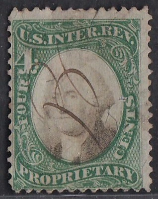 USA 1874 USED GEORGE WASHINGTON PROPIETARY STAMP GREEN PAPER - Image 1 of 2