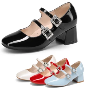 Girls Double Strap Pump Shoes Low Chunky Heel Square Toe Wedding Dress Shoes - Picture 1 of 38