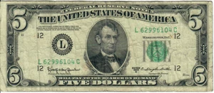 1950D 5$ Federal Reserve Note - KOG/CDD L62996104C - #13550 - Picture 1 of 2