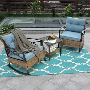 3Pcs Outdoor Wicker Rocking Chair Rattan Patio Furniture W/ Table,Cushions Grey - Picture 1 of 14